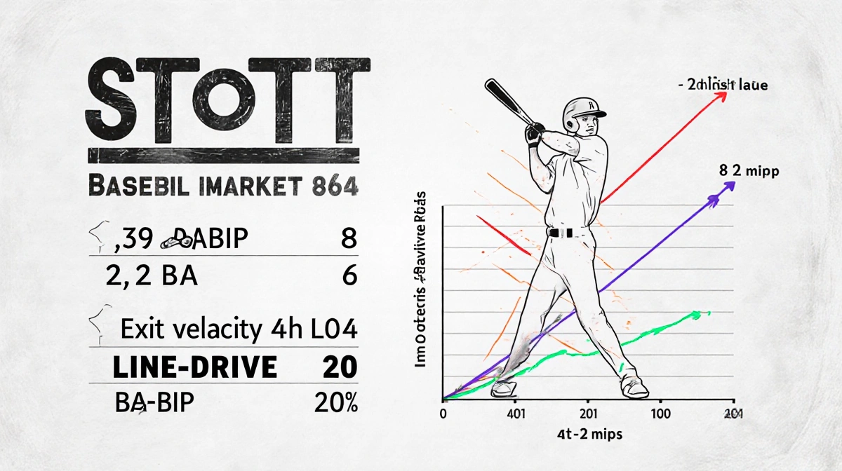 Illustration shows Stott's baseball batting averages in bold beside his name with arrows depicting exit velocity from his bat