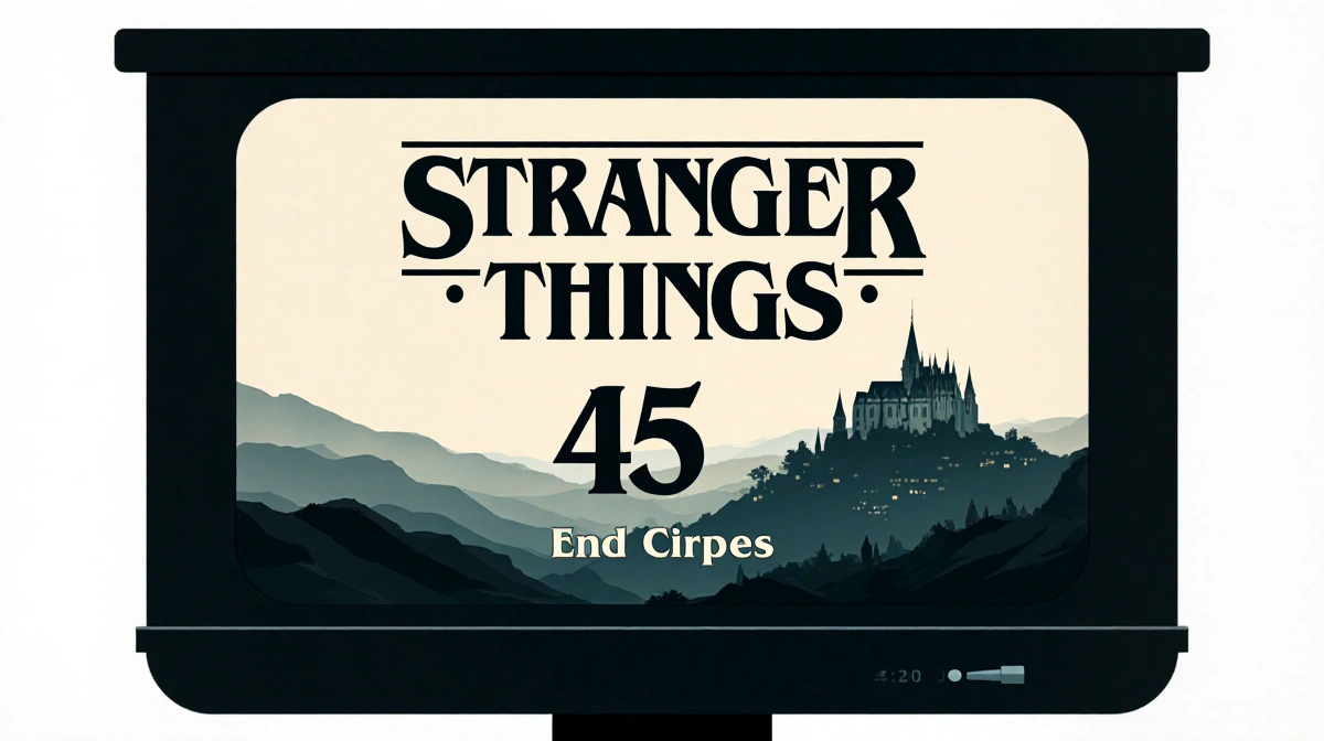 Movie screen displays Stranger Things end credits with number 45 and Minas Tirith silhouette in dark Middle-earth backdrop