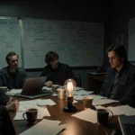 Stranger Things creators Matt and Ross Duffer reviewing scripts with laptops and coffee cups under flickering light