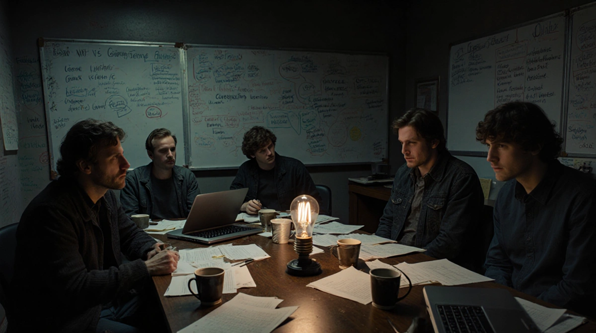 Stranger Things creators Matt and Ross Duffer reviewing scripts with laptops and coffee cups under flickering light