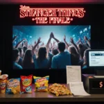 Fans cheering and high‑fiving with giant screen showing a crowded audience watching the Stranger Things finale.