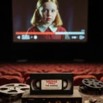VHS tape sits atop dusty console with flickering projector lights and a faint Eleven image on the screen