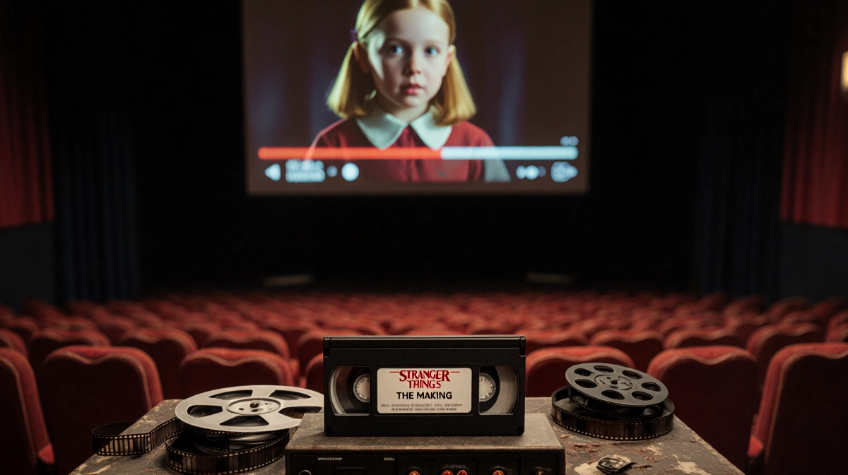 VHS tape sits atop dusty console with flickering projector lights and a faint Eleven image on the screen