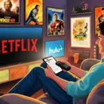 Person scrolling article on phone with remote in hand seated on cozy couch surrounded by streaming screens and movie posters