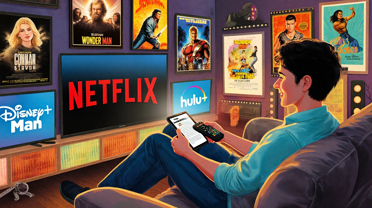 Person scrolling article on phone with remote in hand seated on cozy couch surrounded by streaming screens and movie posters