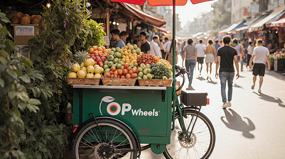 Street food cart displays colorful fruits and baked goods with an e‑bike parked nearby in a leafy setting
