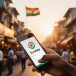 Person excitedly booking a meal with the Eat App on a smartphone amid a vibrant Indian street food market at sunset