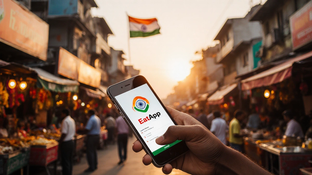 Person excitedly booking a meal with the Eat App on a smartphone amid a vibrant Indian street food market at sunset