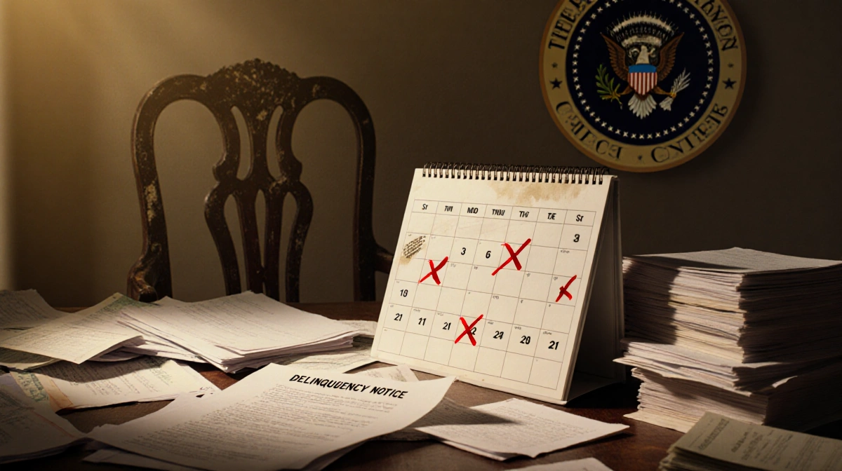 Calendar with crossed-out dates sits with unpaid student loan bills and delinquency notice showing Trump-era debt crisis