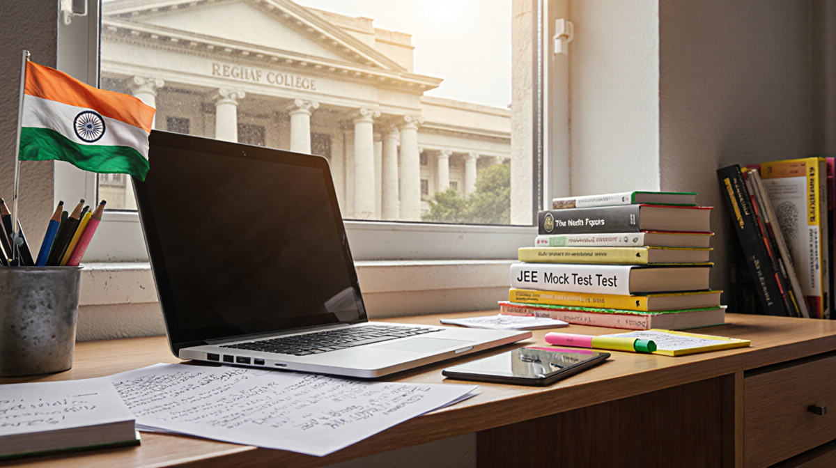 Student studying at desk with laptop and books and Indian flag visible through window