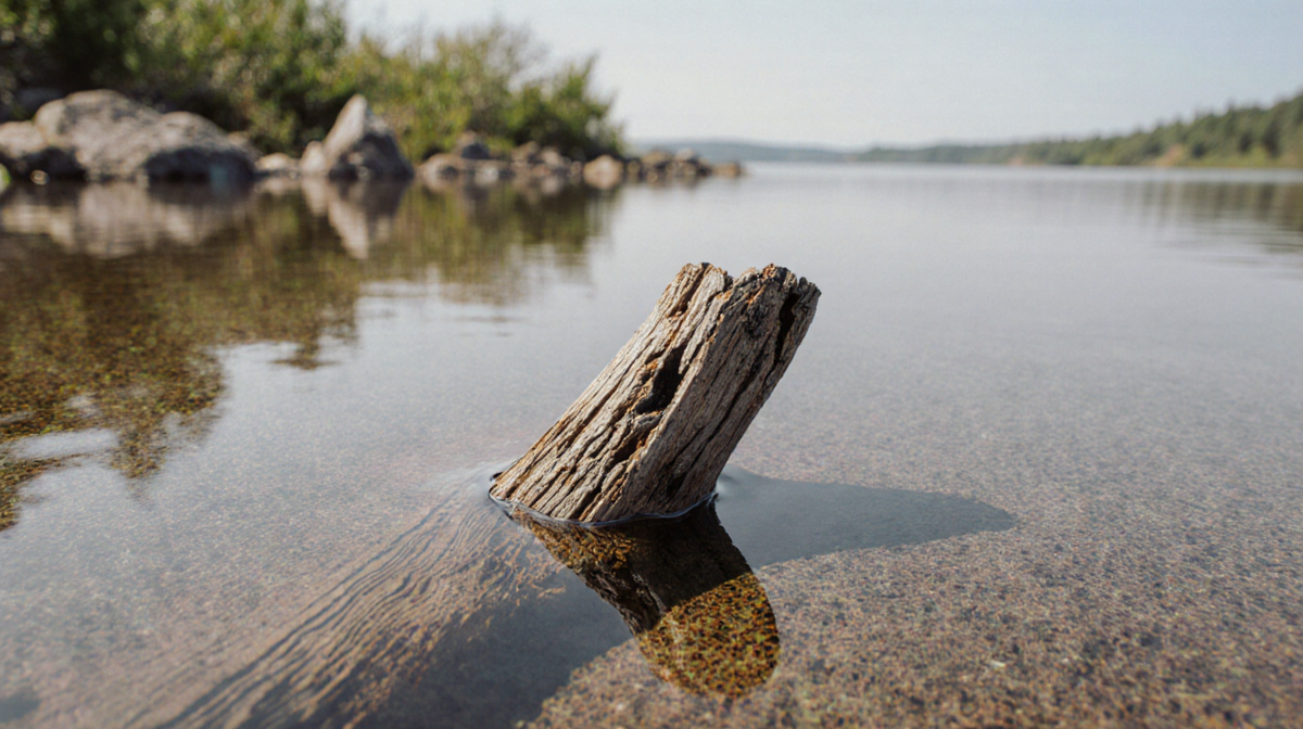 Wooden tool resting half buried in lake sediment with water lapping edges and lush shoreline showing preservation.