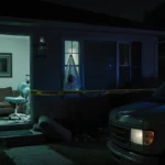 Unblinking eye peeking out from behind a couch cushion with police tape and a forensic van in background