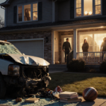 Sunlit suburban home radiates golden glow with crushed SUV outside and scattered books near front door