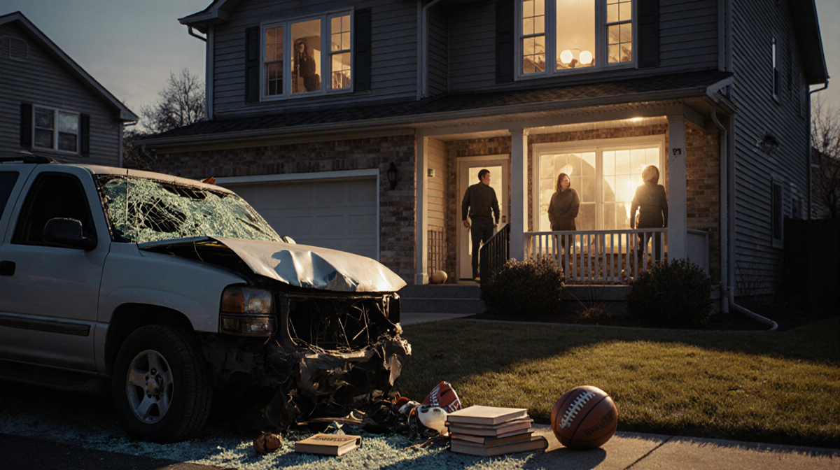 Sunlit suburban home radiates golden glow with crushed SUV outside and scattered books near front door