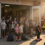 Firefighters stand with anxious families outside elementary school with smoke rising from nearby fire trucks