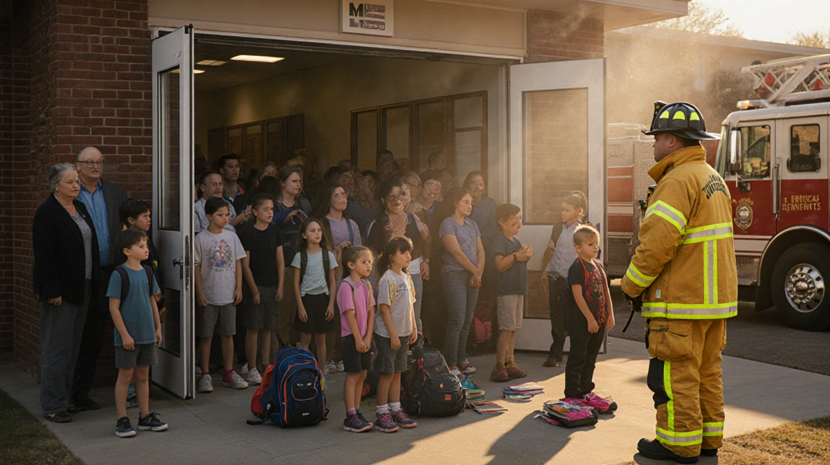 Firefighters stand with anxious families outside elementary school with smoke rising from nearby fire trucks