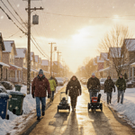Residents hurrying to cars with snow-covered roofs and flurrying snowstorm.