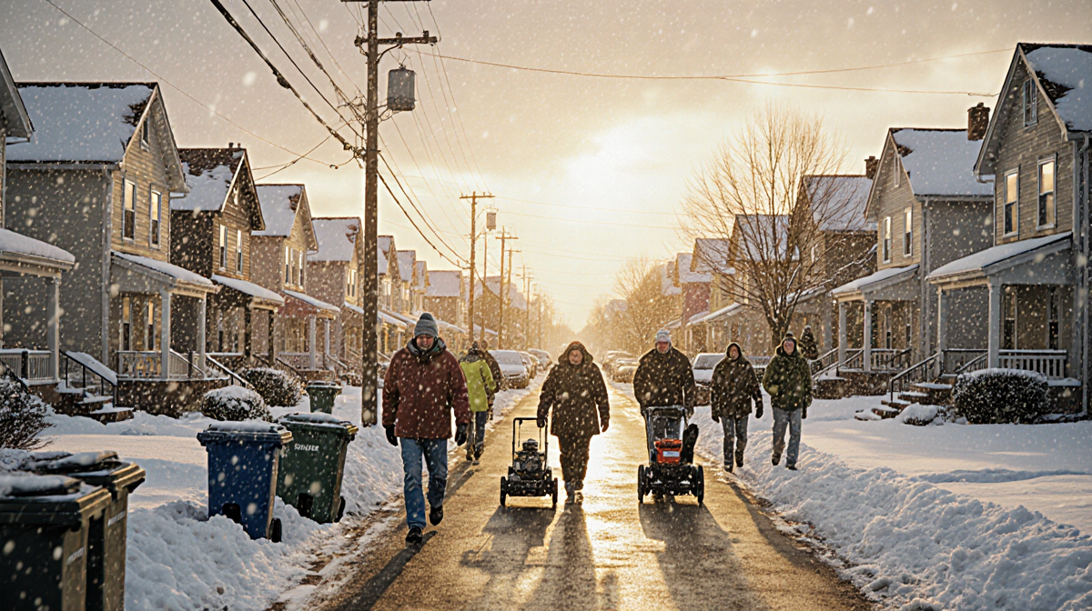 Residents hurrying to cars with snow-covered roofs and flurrying snowstorm.