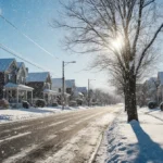 Snow-covered houses line a quiet suburban street with falling snow and bare winter trees against blue sky