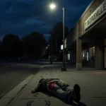 Figure lies on ground clutching leg with bloodstain and shadows from streetlight behind shopping center