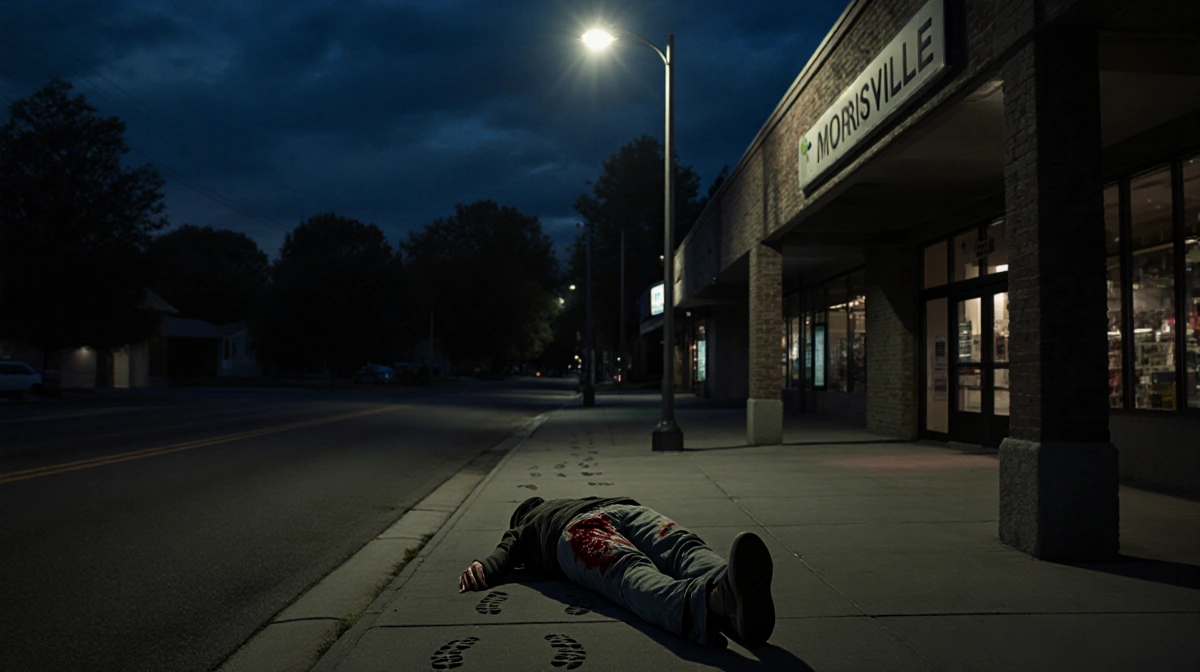 Figure lies on ground clutching leg with bloodstain and shadows from streetlight behind shopping center