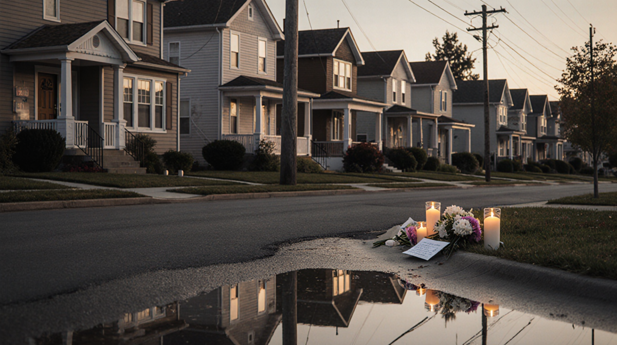 Suburban street showing candles and flowers on porches with warm reflections in windows