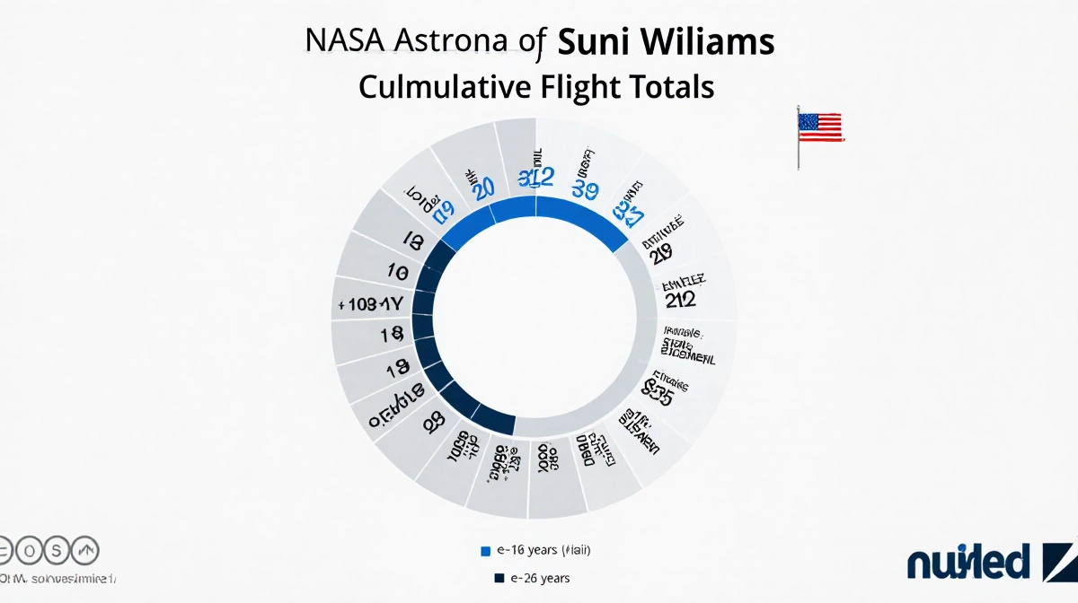 NASA astronaut Suni Williams' flight statistics infographic shows cumulative spaceflight totals with radial chart and NASA lo