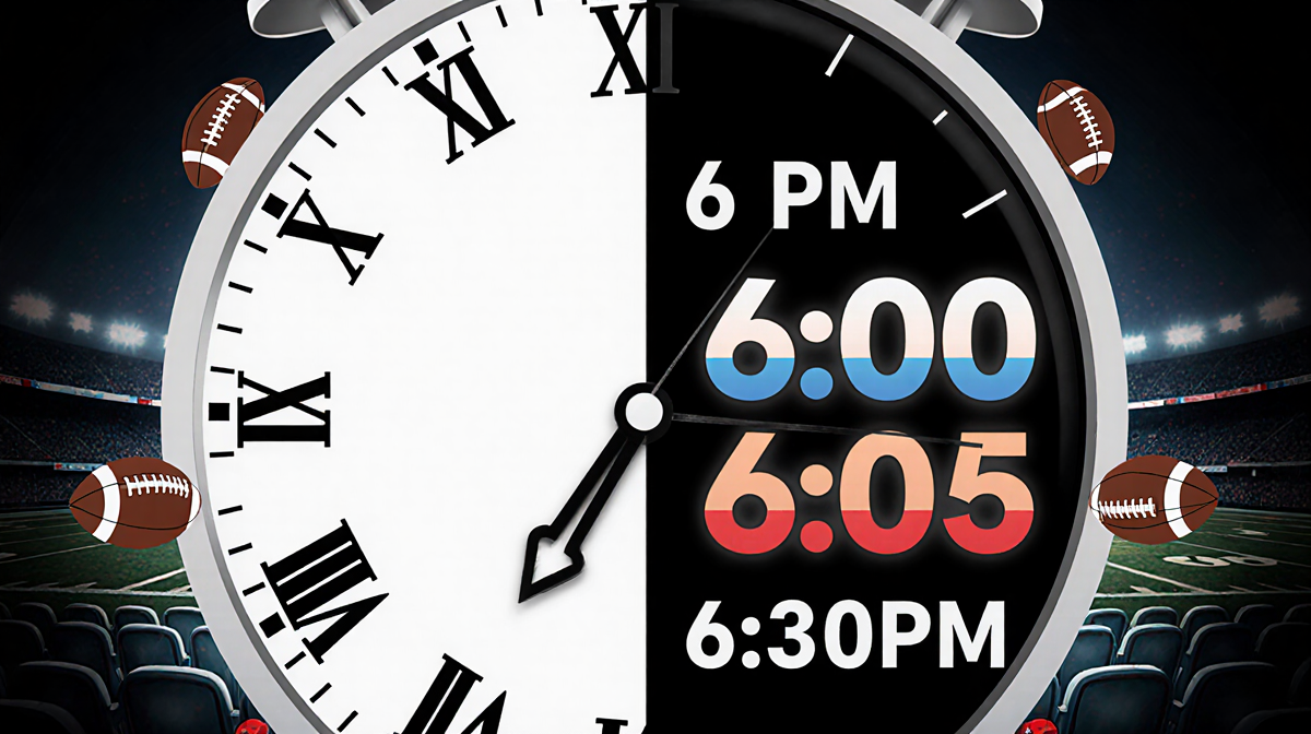 Clock split into Roman numeral face and digital display showing conflicting Super Bowl times with football background