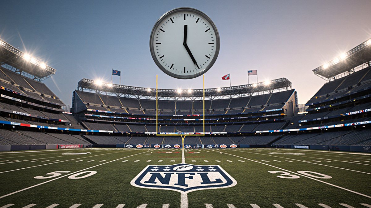 Clock striking 6:30 p.m. with empty football field and NFL logos integrated and stadium facade showing Super Bowl