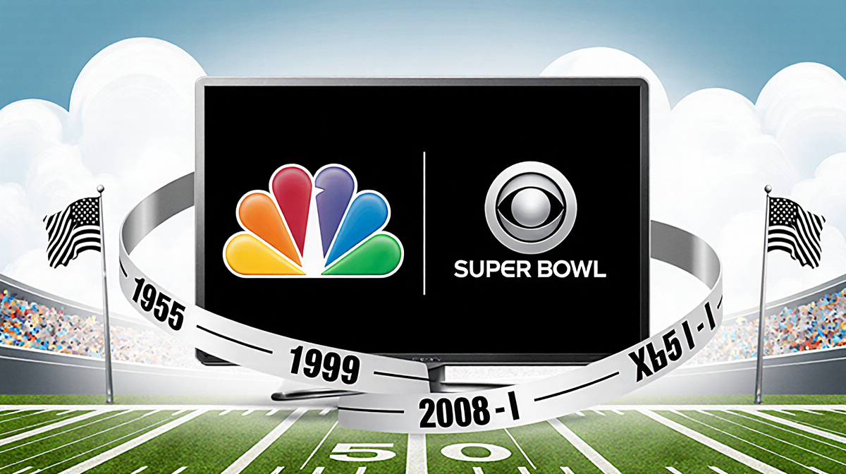 Split-screen shows NBC and CBS Super Bowl logos with football field and timeline ribbon in background