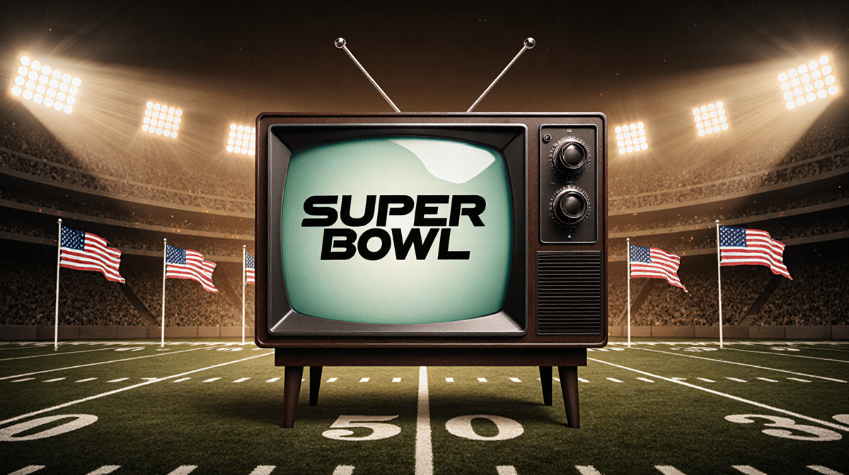 Vintage TV set glowing with NBC Super Bowl logo and NFL stadium lights behind