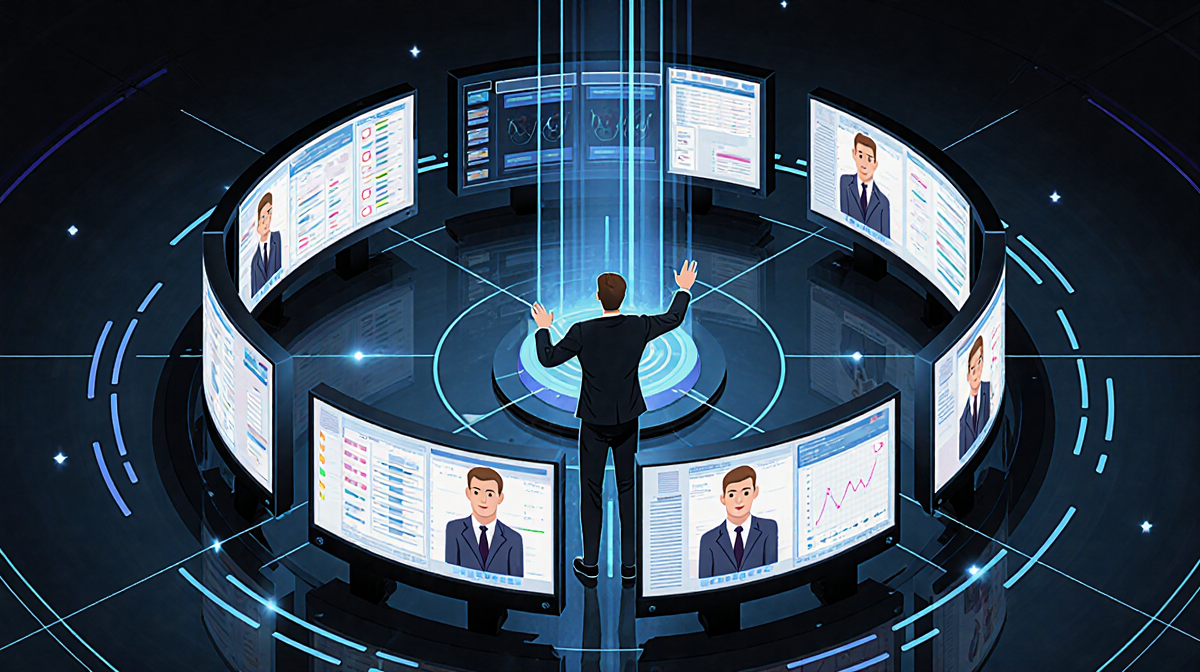 Conductor figure orchestrating AI agents in a futuristic control room with screens and central hub showing parallel processin