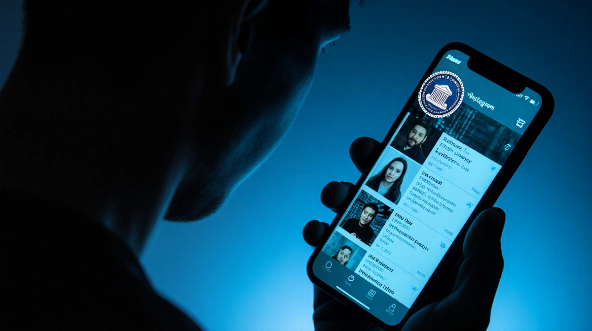 Smartphone screen shows leaking Instagram data with Supreme Court logo and eerie blue glow