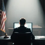 Man sits at computer terminal with Supreme Court gavel and US flag in background