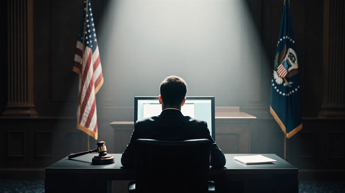 Man sits at computer terminal with Supreme Court gavel and US flag in background