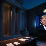 Clock ticks in empty Supreme Court bench with frozen hands at 5:59 and Trump’s stern face on TV.