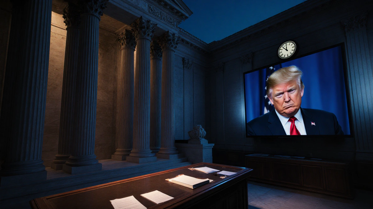 Clock ticks in empty Supreme Court bench with frozen hands at 5:59 and Trump’s stern face on TV.