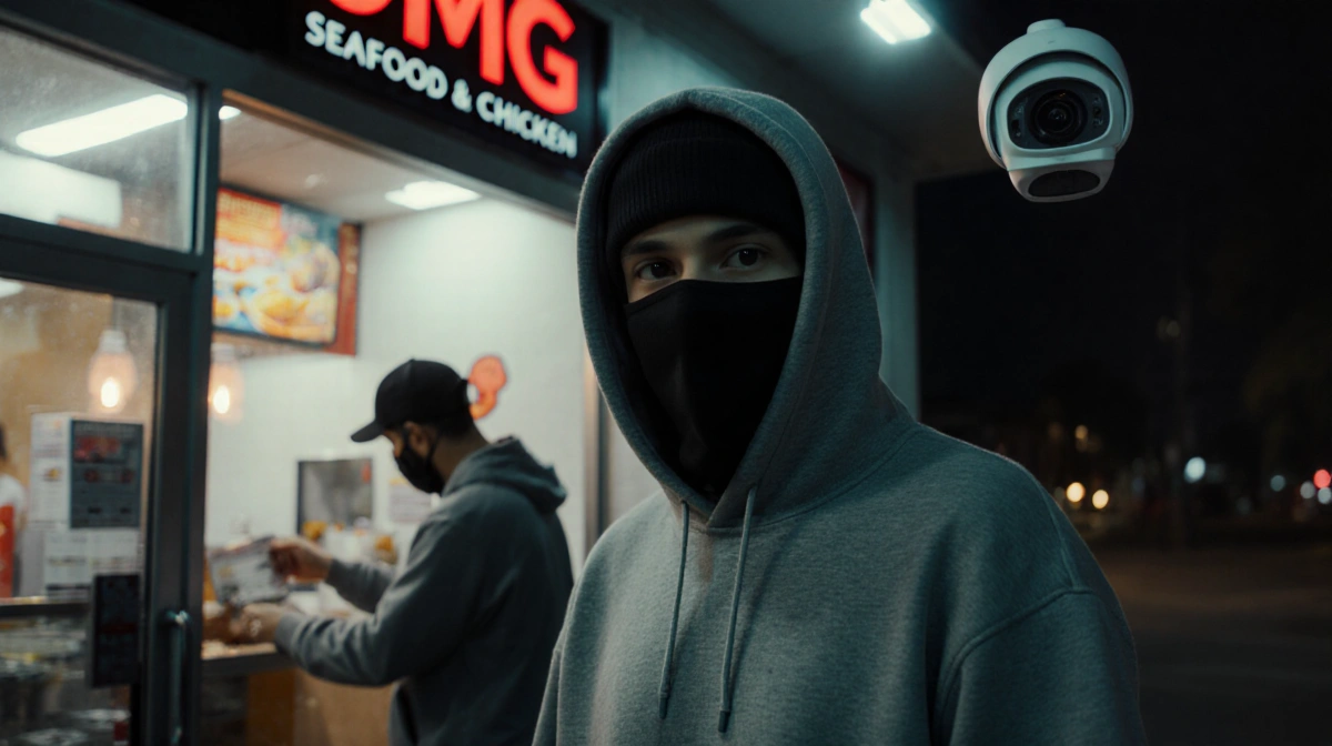 Figure in grey hoodie paying at dimly lit night outside OMG Seafood and Chicken with surveillance camera lens focusing and bl