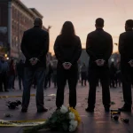 Four handcuffed suspects stand in Grays Ferry town square with onlookers and news cameras watching at dusk