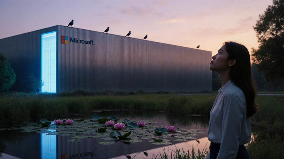 Young woman gazes up at glowing sustainable data center with rooftop birds and lily pond reflecting sunset