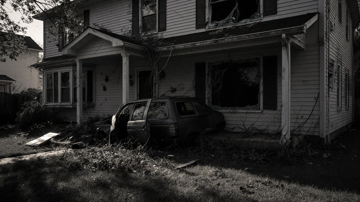 SUV crashed into suburban house porch with shattered window and debris scattered across overgrown lawn