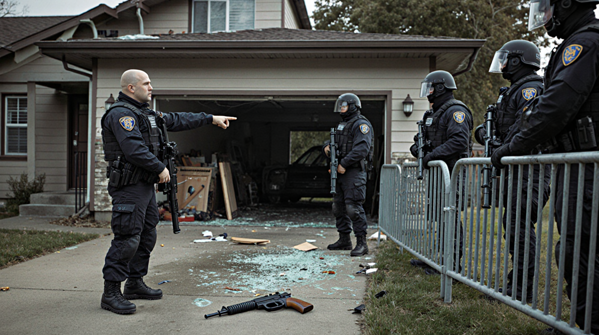 SWAT leader pointing to the open house with a gun on the ground and shattered glass around while agents watch from barricade