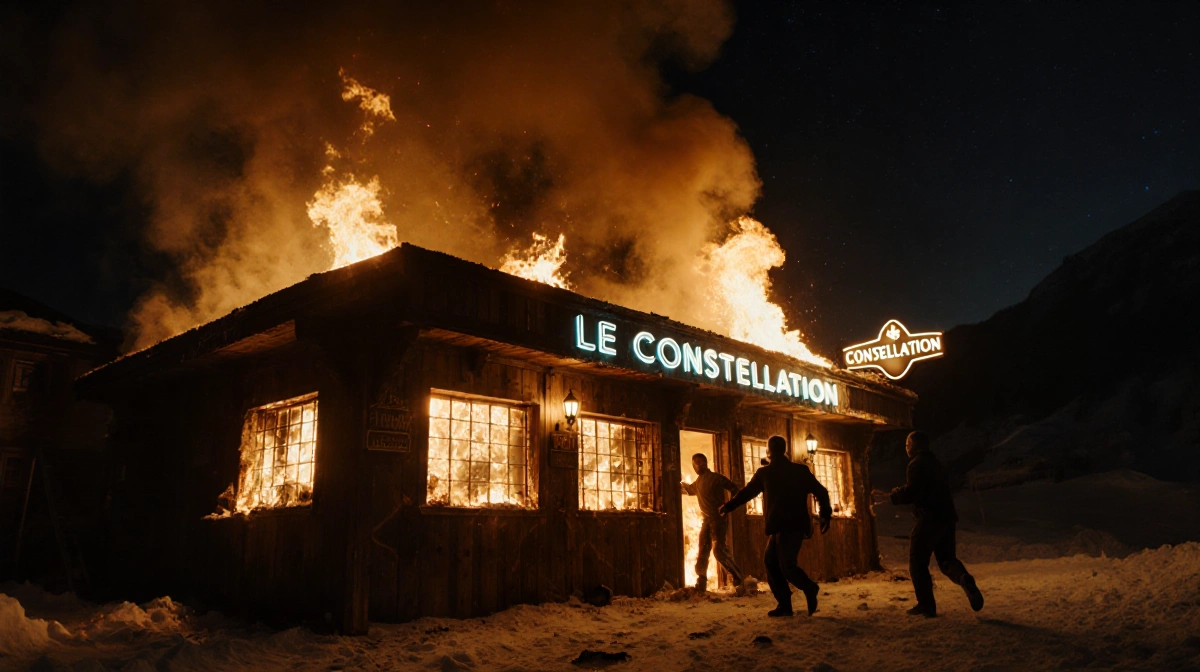 Patrons fleeing a burning Swiss Alpine bar with flames and smoke and neon sign.