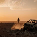 Aerial view shows destroyed vehicle on Syrian battlefield with lone figure standing against orange dawn sky