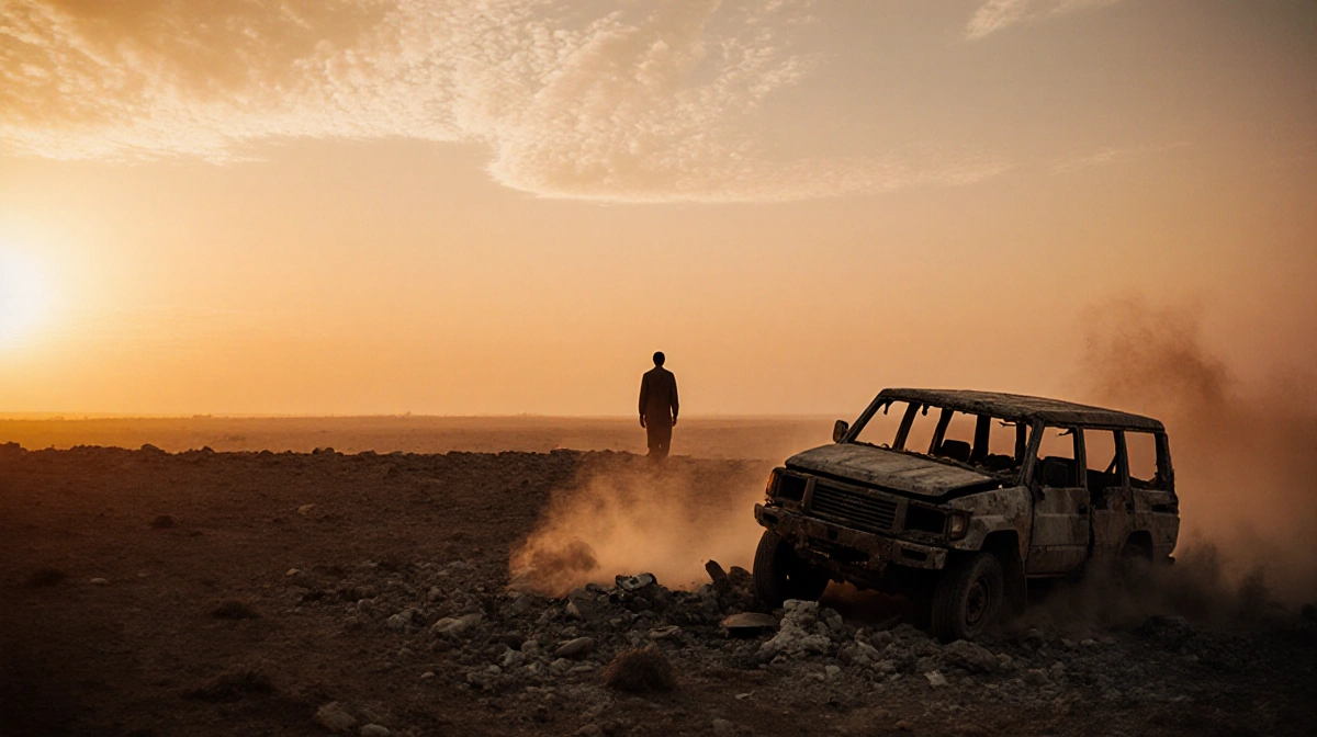 Aerial view shows destroyed vehicle on Syrian battlefield with lone figure standing against orange dawn sky