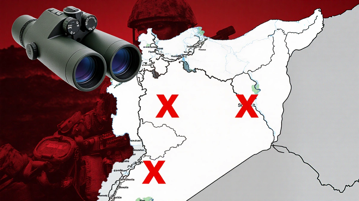 Redacted map showing northwest Syria with bold X marking terrorist target elimination with binoculars overlay and military ge