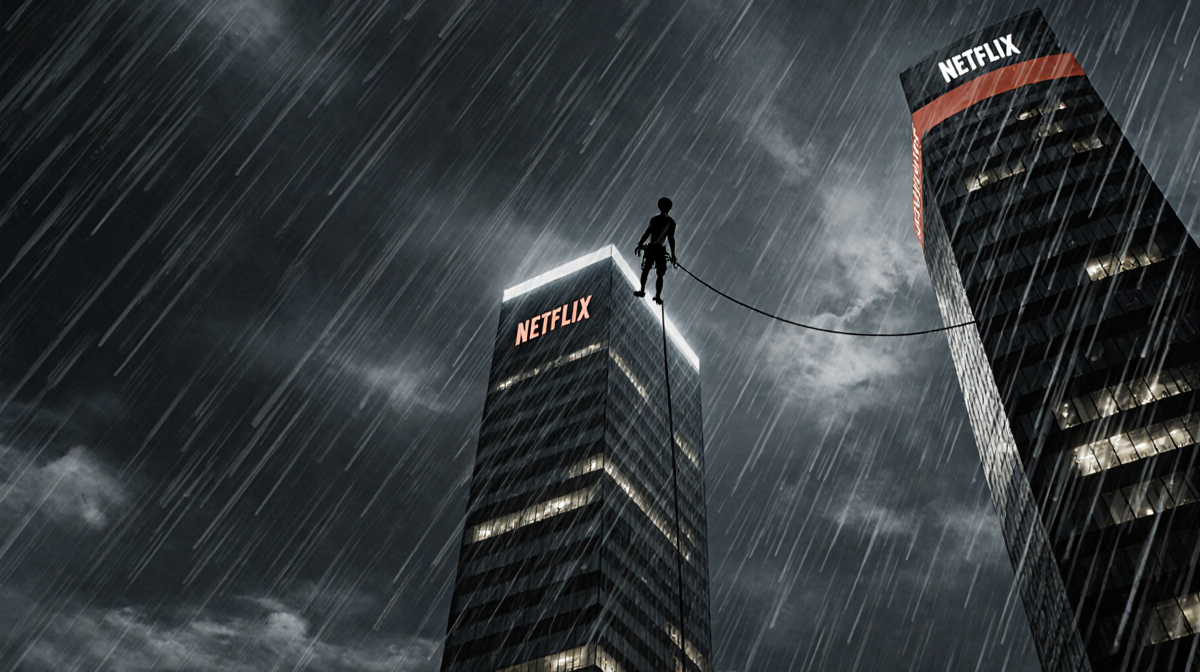 Alex Honnold standing confidently atop Taipei 101 with heavy rain pouring and a subtle Netflix logo