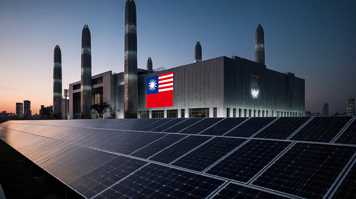 Futuristic semiconductor plant rises at dusk with American flag and solar panels showing Taiwan