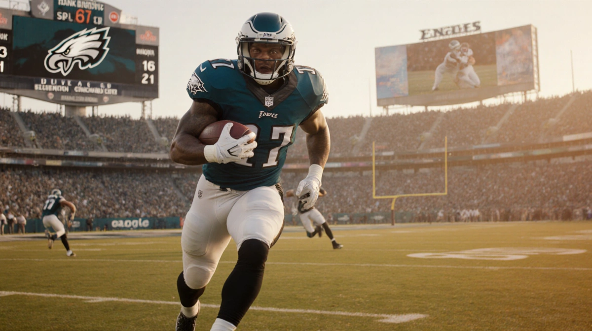 Tank Bigsby sprinting with the ball across the football field with warm autumn colors and the Eagles scoreboard nearby