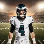Tanner McKee stands behind center with Eagles jersey and helmet sun setting over the football field and stadium lights.